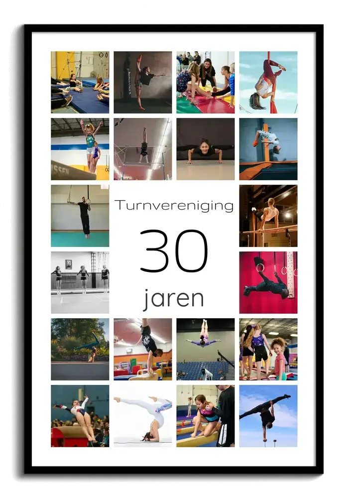 Fotocollage in zwarte lijst met een grote 30 tussen turnfoto’s voor het 30-jarig jubileum van een turnvereniging