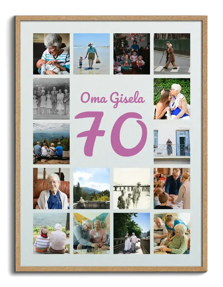 Fotocollage met een grote roze 70, naam en familiefoto’s in een naturel houten lijst voor oma’s 70e verjaardag