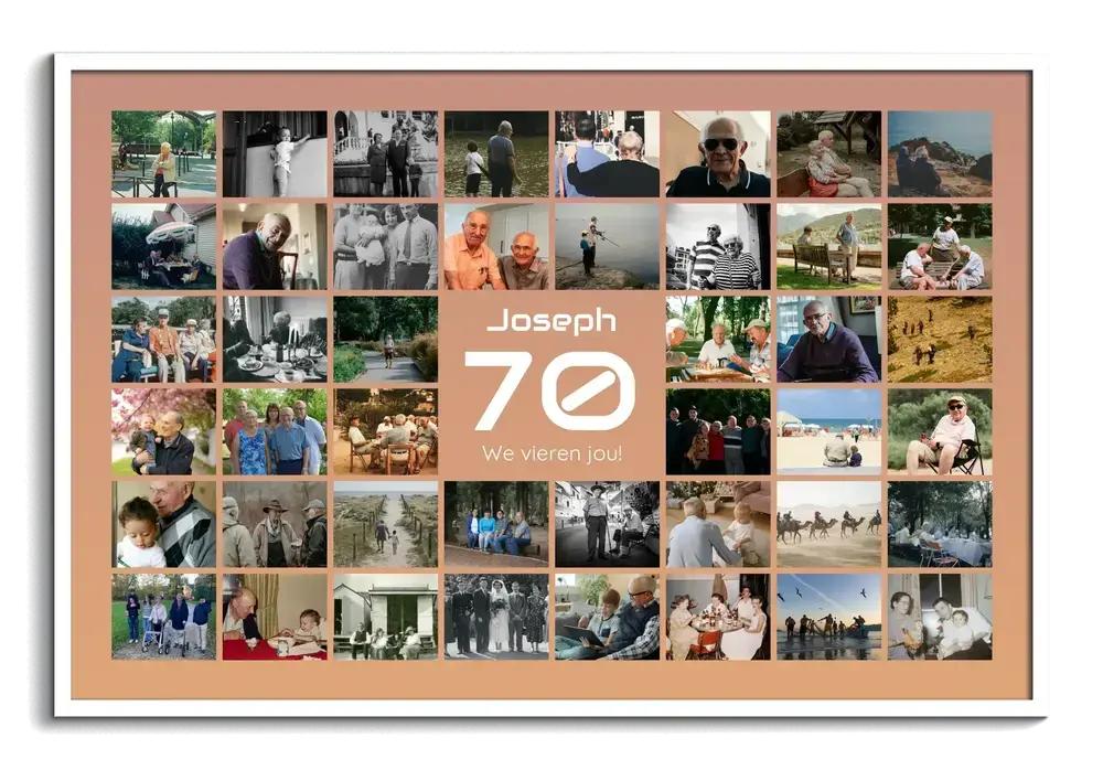 Liggende fotocollage met een witte 70, naam en persoonlijke tekst tussen foto’s op een perzikkleurige achtergrond in witte lijst