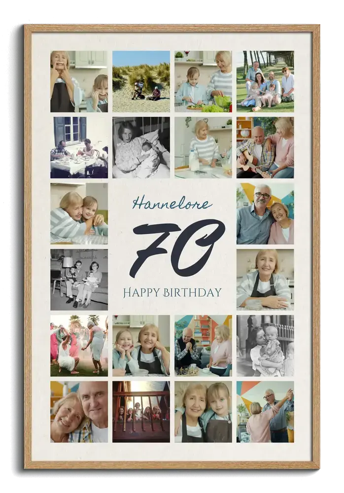 Fotocollage in een naturel houten lijst, met een grote 70 en naam in het midden, omringd door foto's in een staand raster
