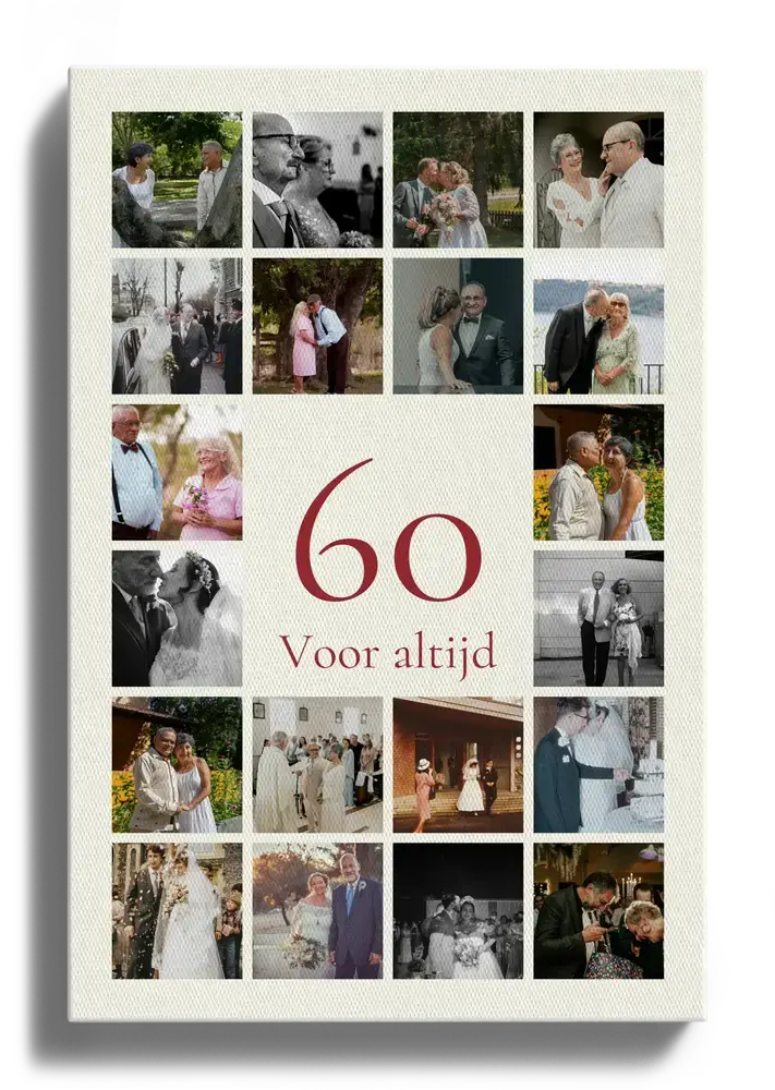 Staande fotocollage op canvas met rode 60 en trouwfoto's in een raster op crème, voor een diamanten huwelijk