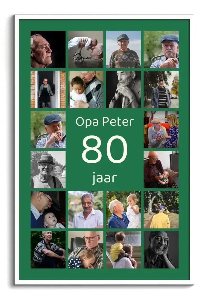Groene fotocollage voor opa's 80e verjaardag met familiefoto's rond een groot getal 80, in een witte lijst