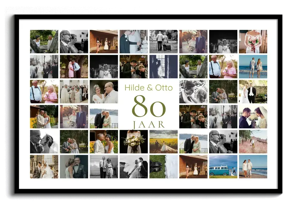 Fotocollage in zwarte lijst met het getal 80 en namen centraal, omringd door trouwfoto’s en foto’s van het paar