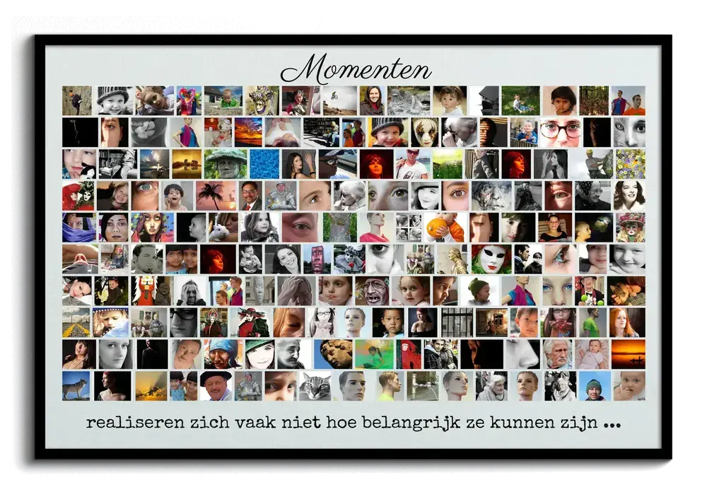 Fotocollage met veel foto's in rijen en een persoonlijke tekst, in een zwarte lijst op een donkere achtergrond