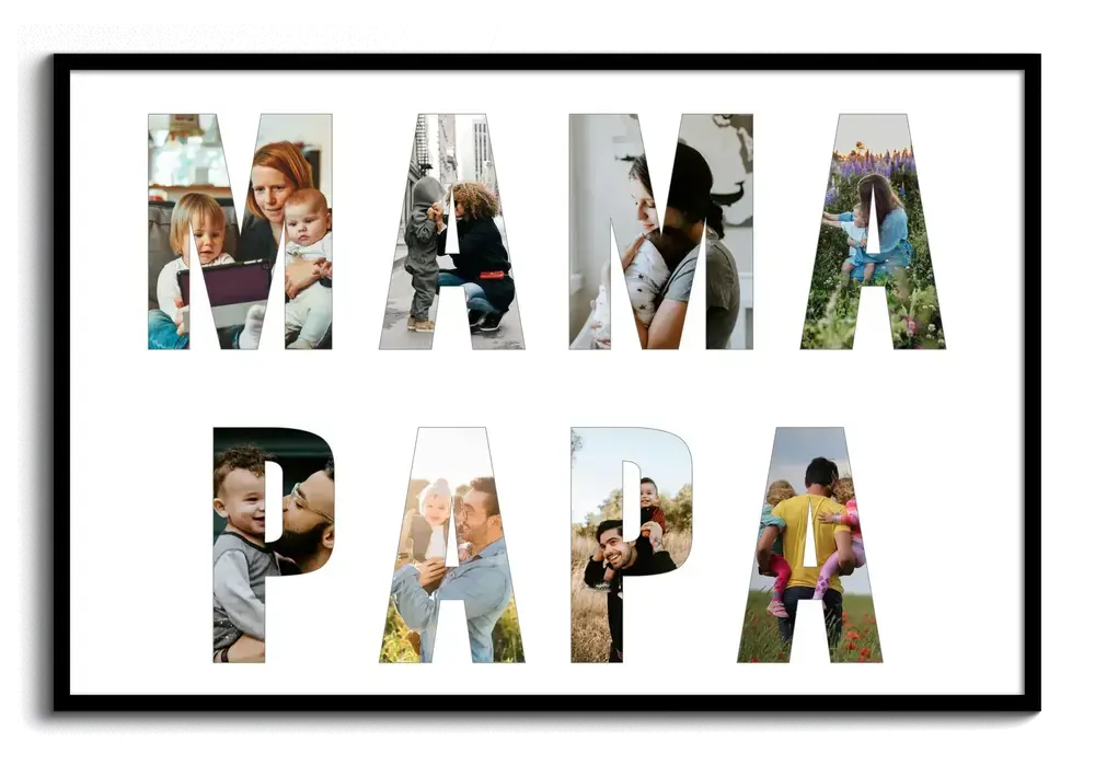 Fotocollage voor ouders met familiefoto’s in grote letters op twee regels, op een witte achtergrond in een zwarte lijst