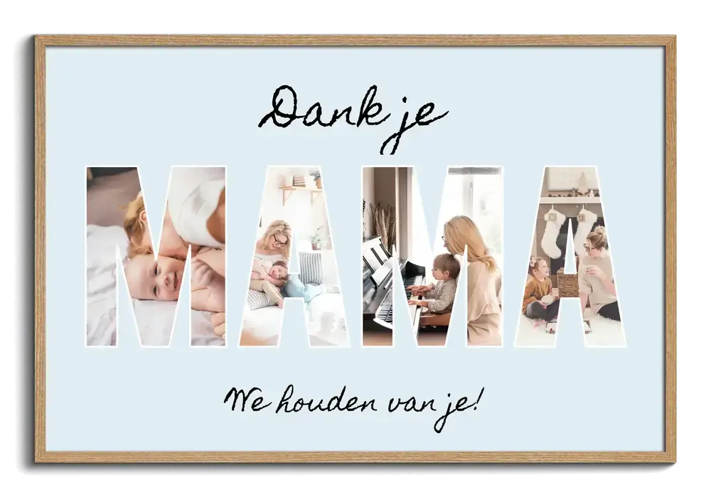 Fotocollage met foto's in letters op een lichtblauwe achtergrond in een houten lijst, een persoonlijk cadeau voor mama