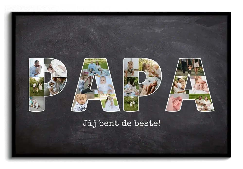 Fotocollage voor vader met foto's in grote letters, krijtbordachtergrond en een zwarte lijst
