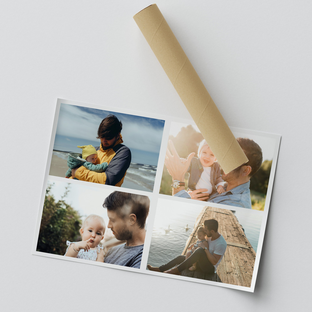Deels opgerolde fotocollageposter voor papa met vier grote foto's van vaders en kinderen en witte tussenruimtes