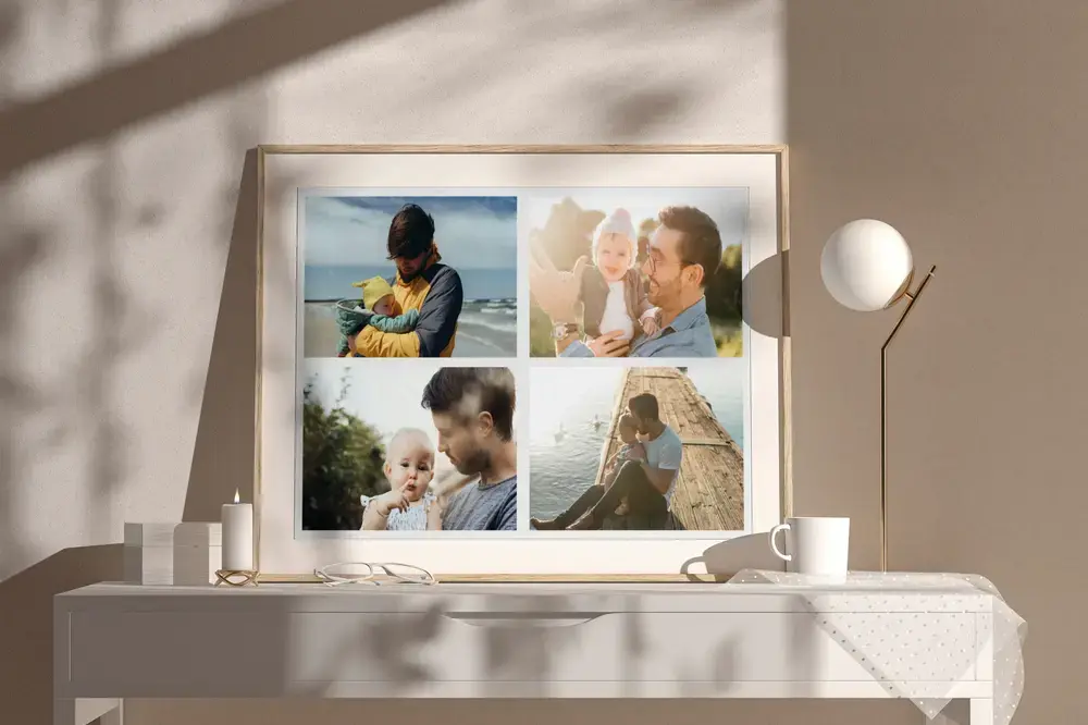 Ingelijste collage van vier foto's van vaders en kinderen op een zonnig dressoir, een cadeau-idee voor Vaderdag