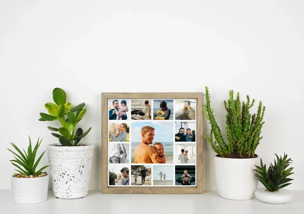 Ingelijste fotocollage tussen kamerplanten met een grote foto van papa en kind in het midden, als cadeau voor papa
