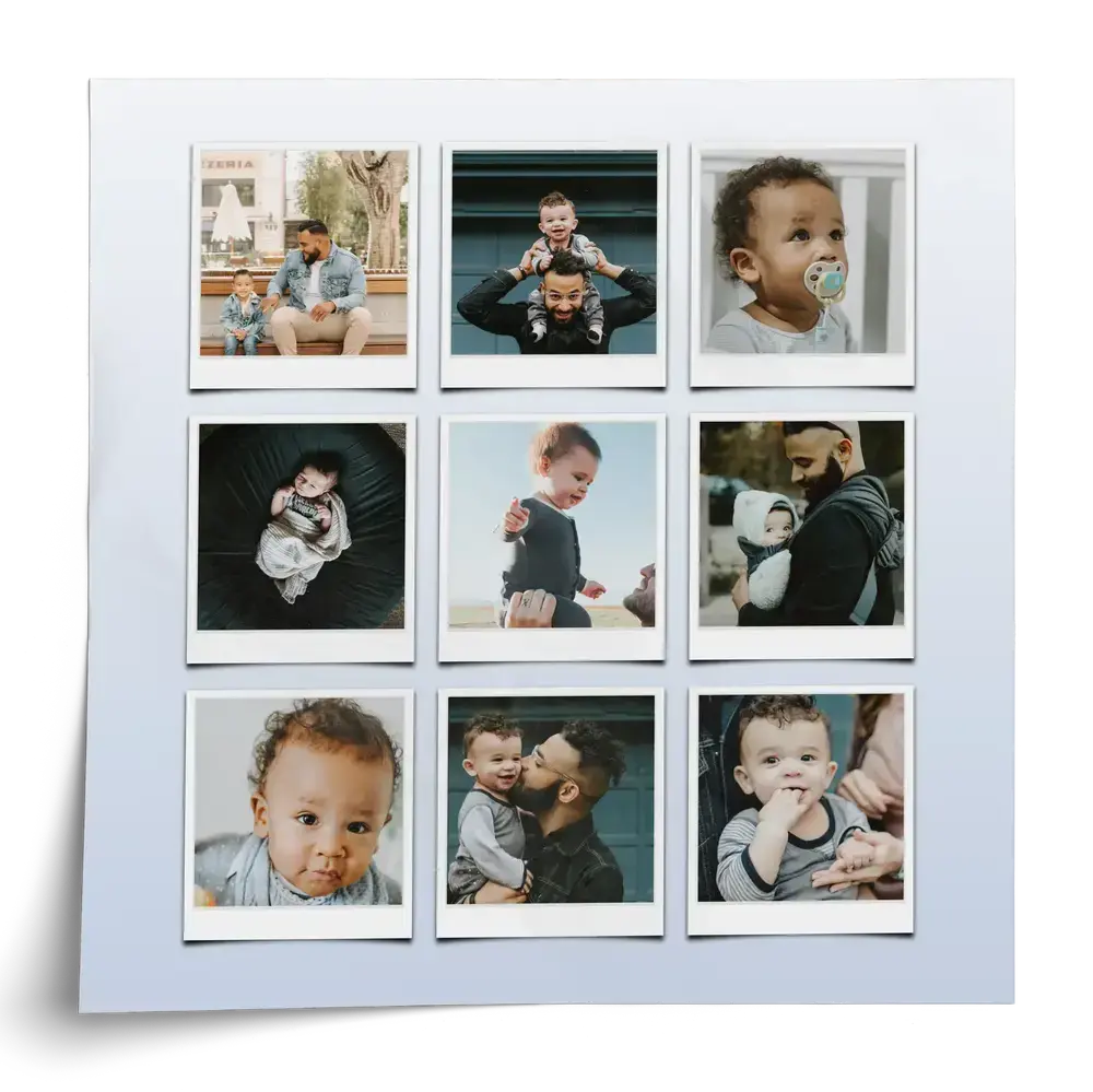 Fotocollage als poster met negen polaroidfoto’s van papa en kinderen op een lichtblauw kleurverloop