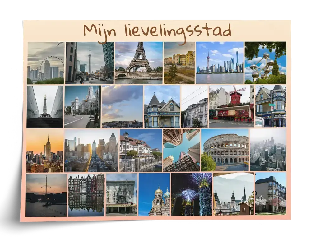 Fotocollageposter met kleurrijke steden en bezienswaardigheden in een raster, eigen titel en een lichte achtergrond