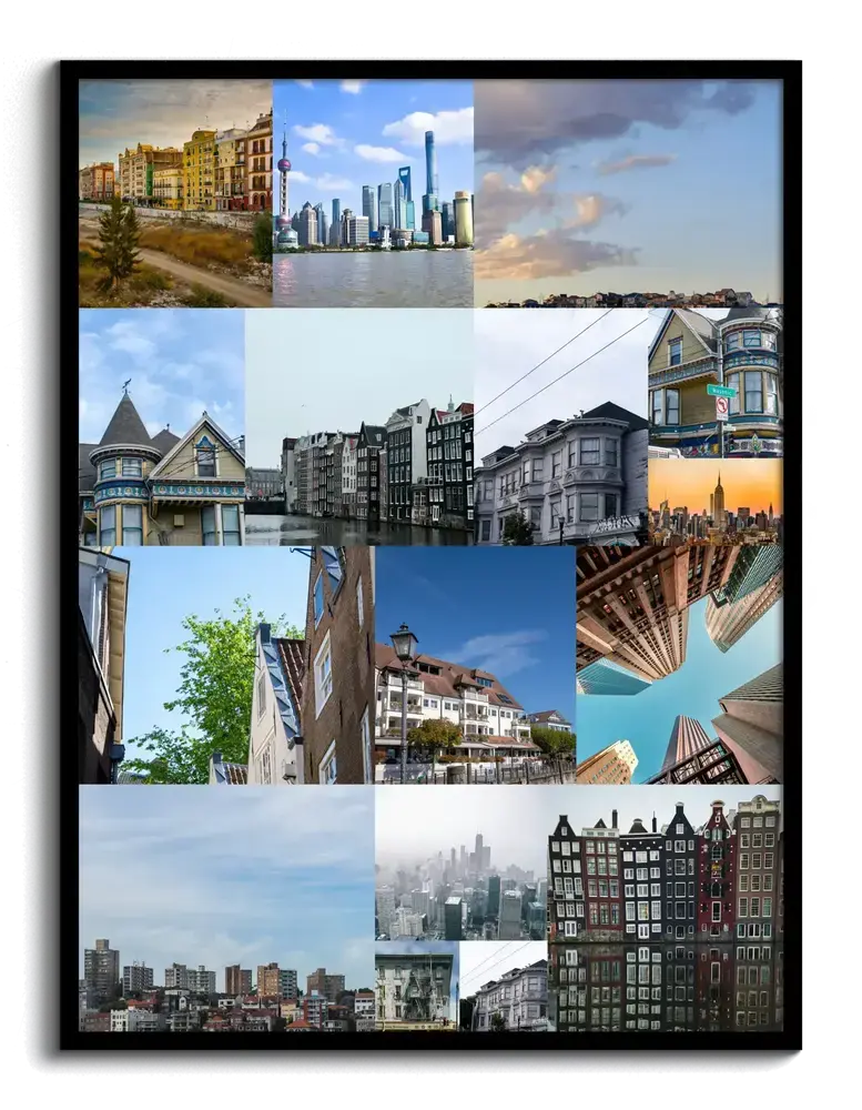 Vakantiefotocollage met stadsgezichten en bezienswaardigheden in vakken van verschillende formaten, in zwarte lijst