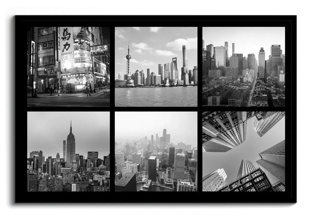 Fotocollage van zes zwart-witfoto’s van skylines en wolkenkrabbers in een raster met zwarte lijst