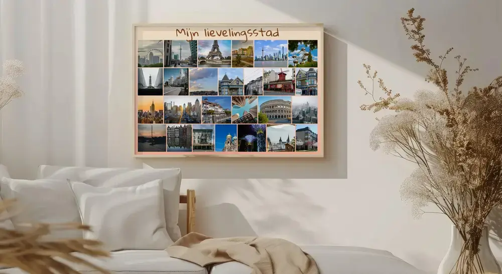 Ingelijste fotocollage met steden en bezienswaardigheden boven het bed, een persoonlijk cadeau na een vakantie
