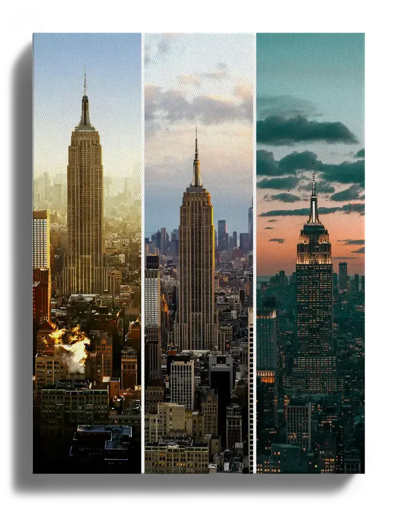 Staande fotocollage op canvas met drie smalle beelden van het Empire State Building bij verschillend licht