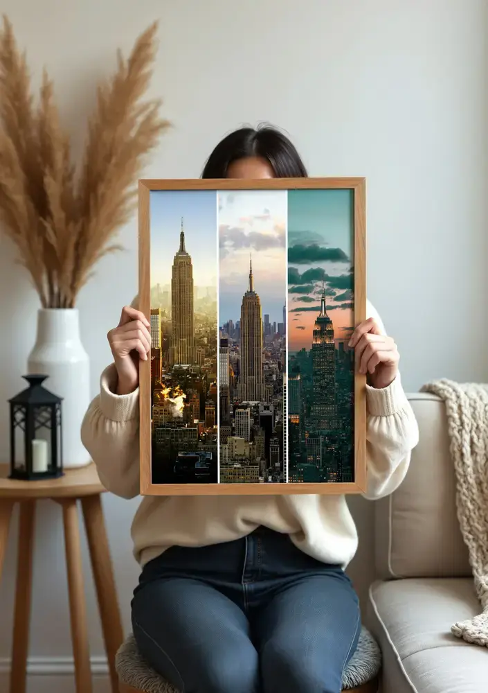 Stadsfotocollage met drie stroken wolkenkrabbers in een houten lijst in de woonkamer, cadeau-idee voor reizigers