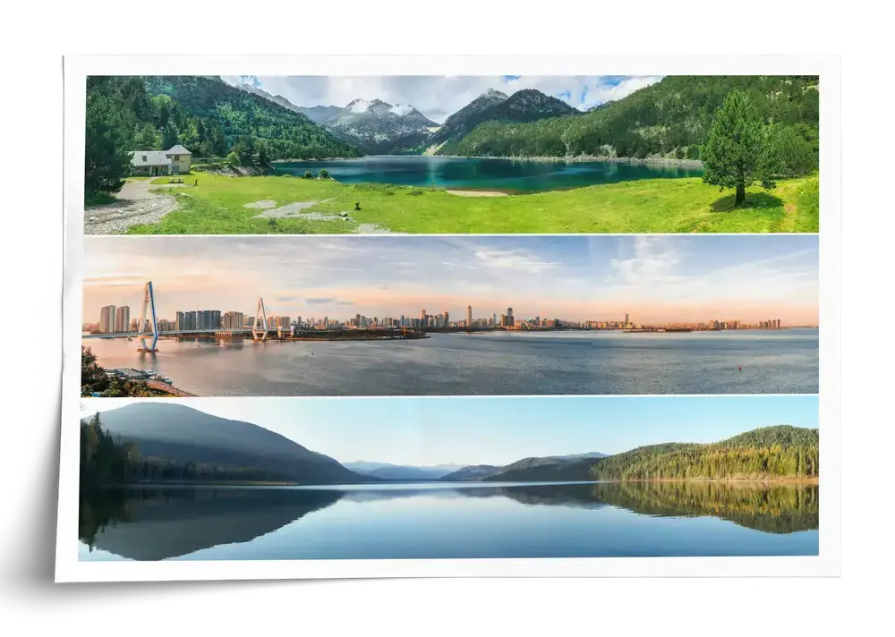 Reisfotocollage als liggende poster met witte rand en drie panoramastroken van bergmeren en een skyline