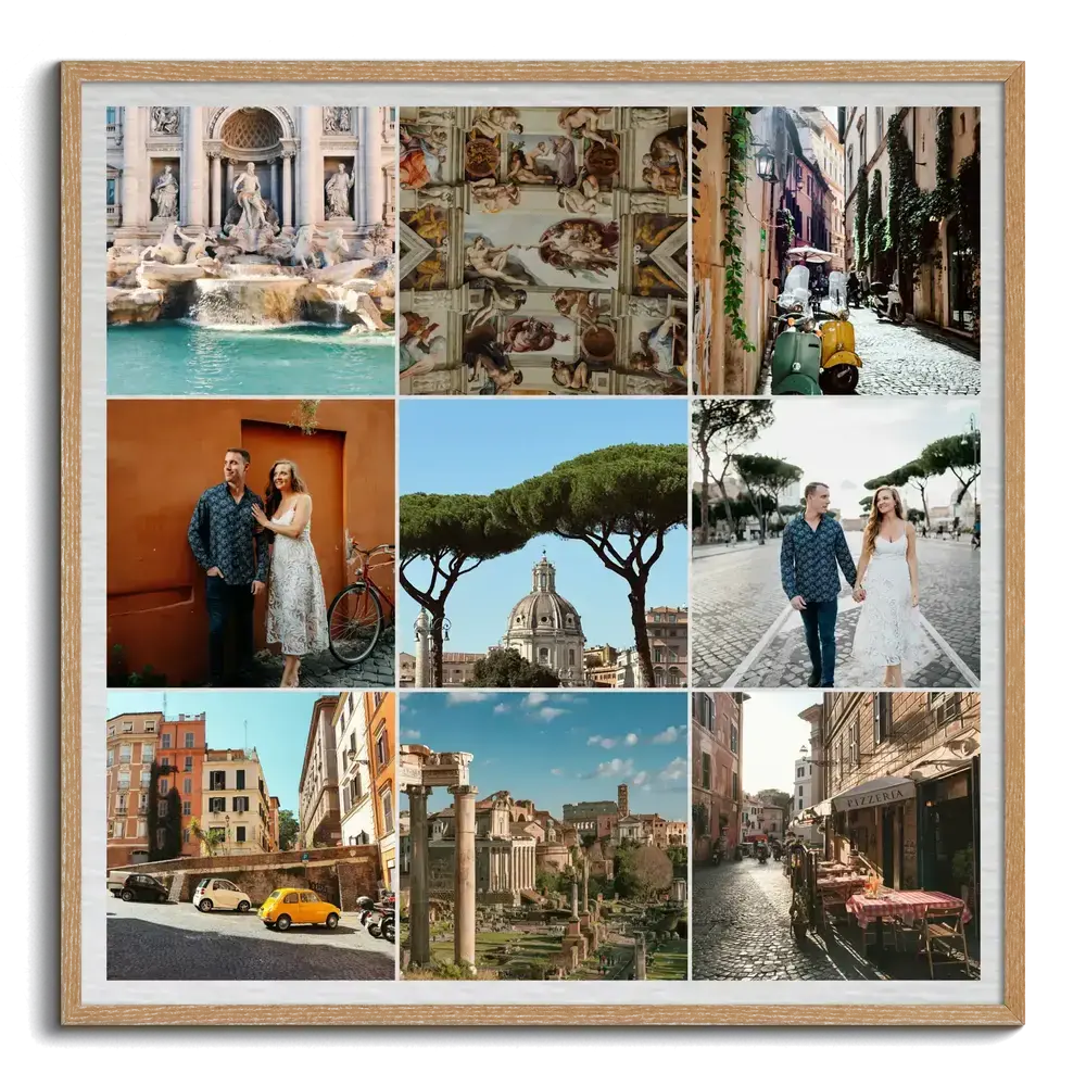 Vierkante fotocollage met negen reisfoto’s van Rome in een raster, met witte rand en naturel houten lijst