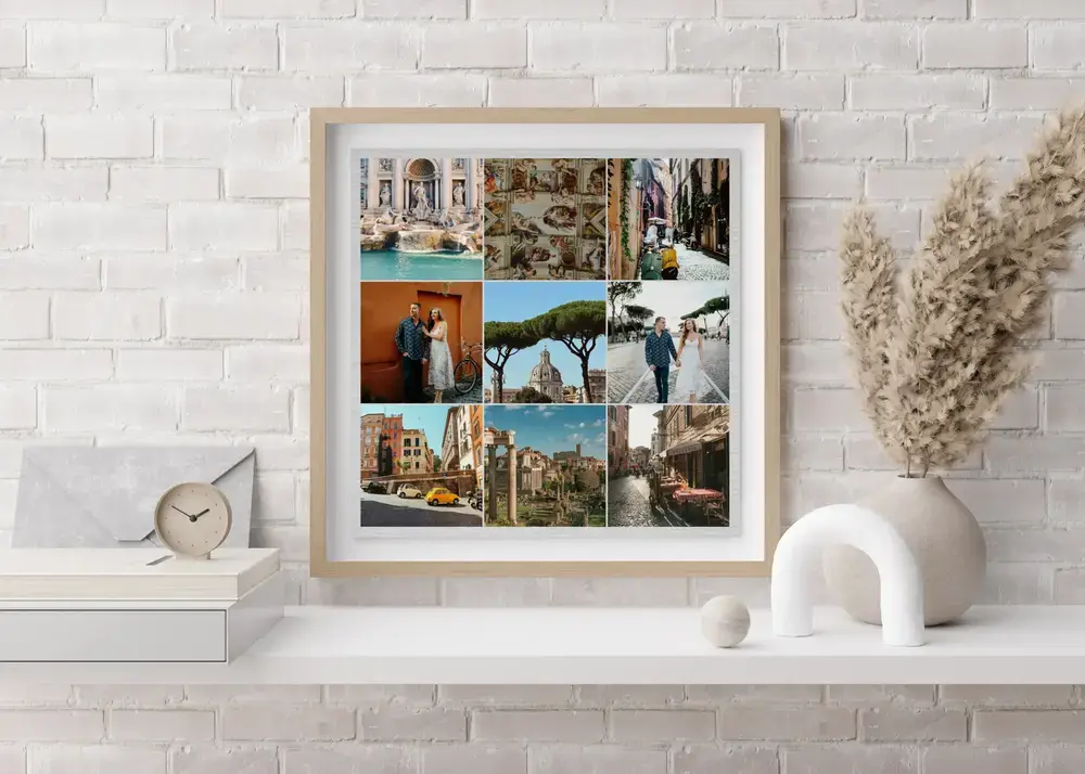 Ingelijste collage van negen foto’s van Rome boven een wit dressoir, een cadeau voor een reisgenoot