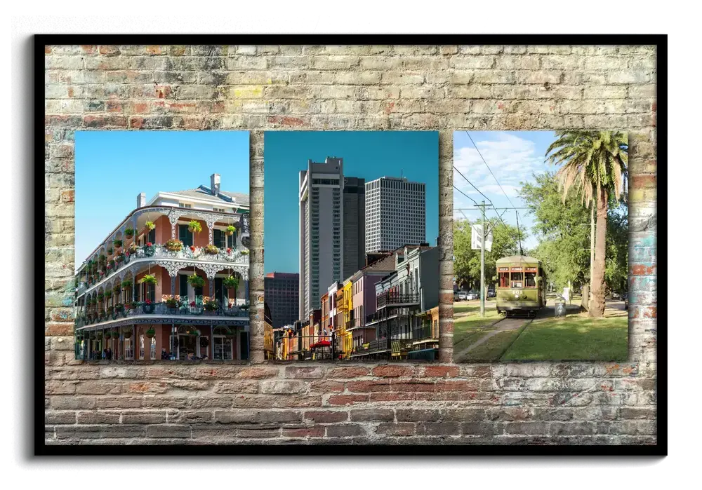 Liggende reisfotocollage met drie beelden van New Orleans op een bakstenen achtergrond, in een zwarte lijst