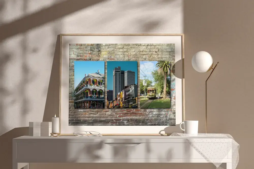 Ingelijste New Orleans-collage met drie foto’s op baksteenmotief, op een ladekast, een reisherinnering om cadeau te geven