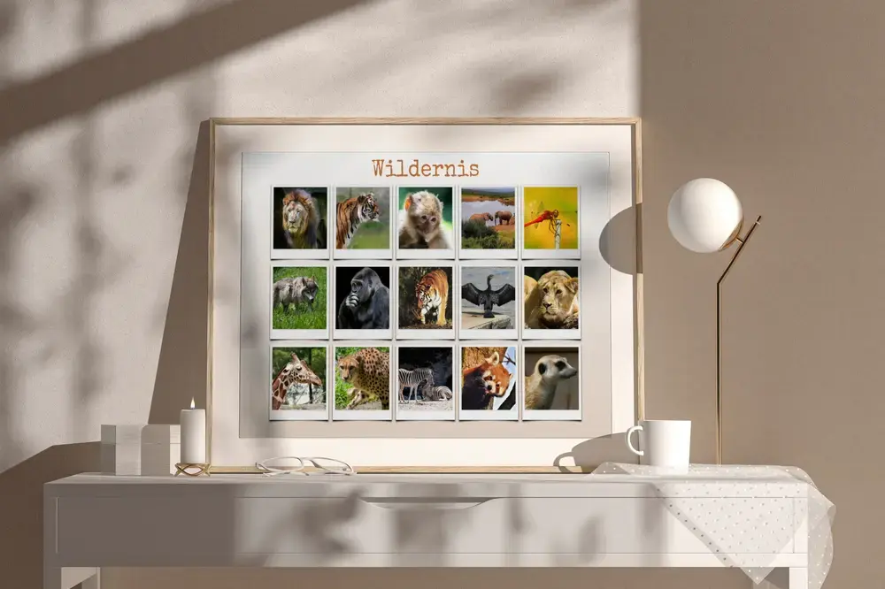 Fotocollage van wilde dieren in polaroidstijl met titel, in een licht houten lijst op een wit dressoir