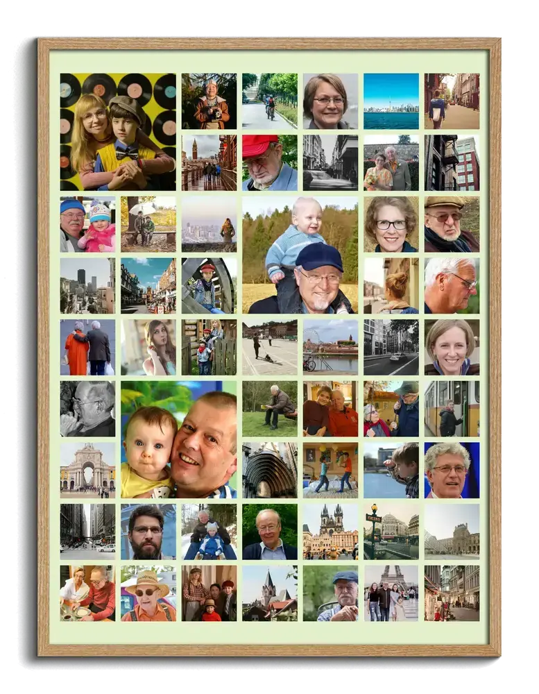 Familiecollage in een naturel houten lijst met grote en kleine foto's in een raster, als persoonlijk familiecadeau