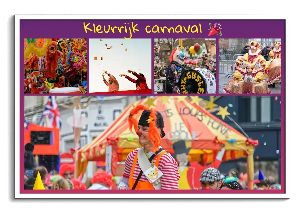 Carnavalsfotocollage in witte lijst met optochtfoto’s en eigen tekst op paars, een feestelijk cadeau voor de familie
