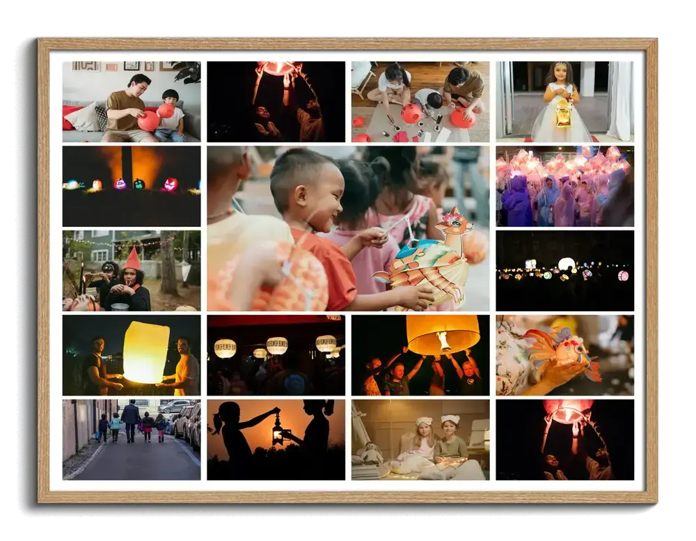 Liggende fotocollage van een lampionnenoptocht met grote middenfoto en witte fotoranden, in een naturel houten lijst