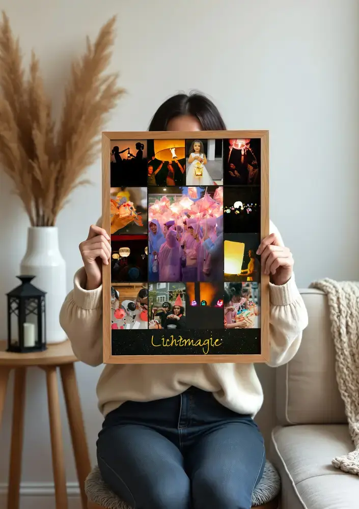 Staande fotocollage van een Sint-Maartenoptocht met eigen tekst, in een houten lijst in de woonkamer