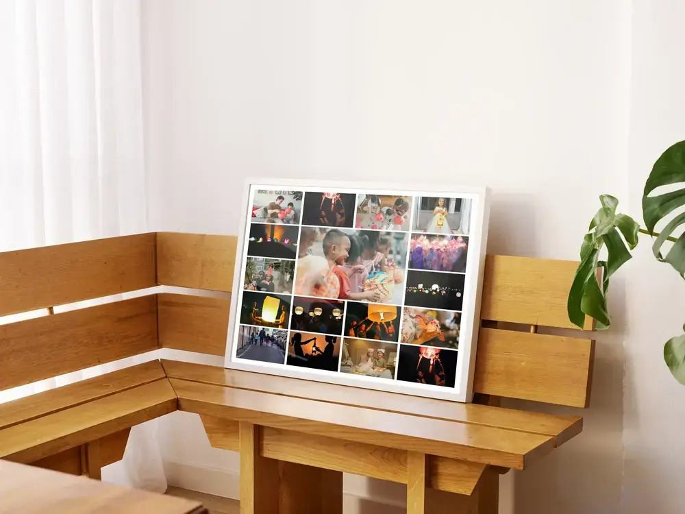 Fotocollage van een Sint-Maartenoptocht in een witte lijst op een houten bank, een cadeau vol familieherinneringen