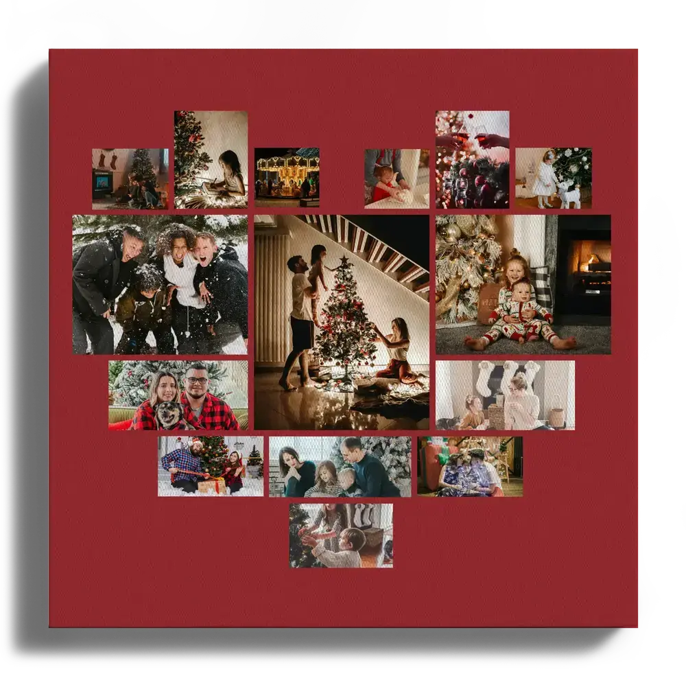 Kerstcollage op canvas met familie- en kinderfoto’s in een hartvorm op een donkerrode achtergrond