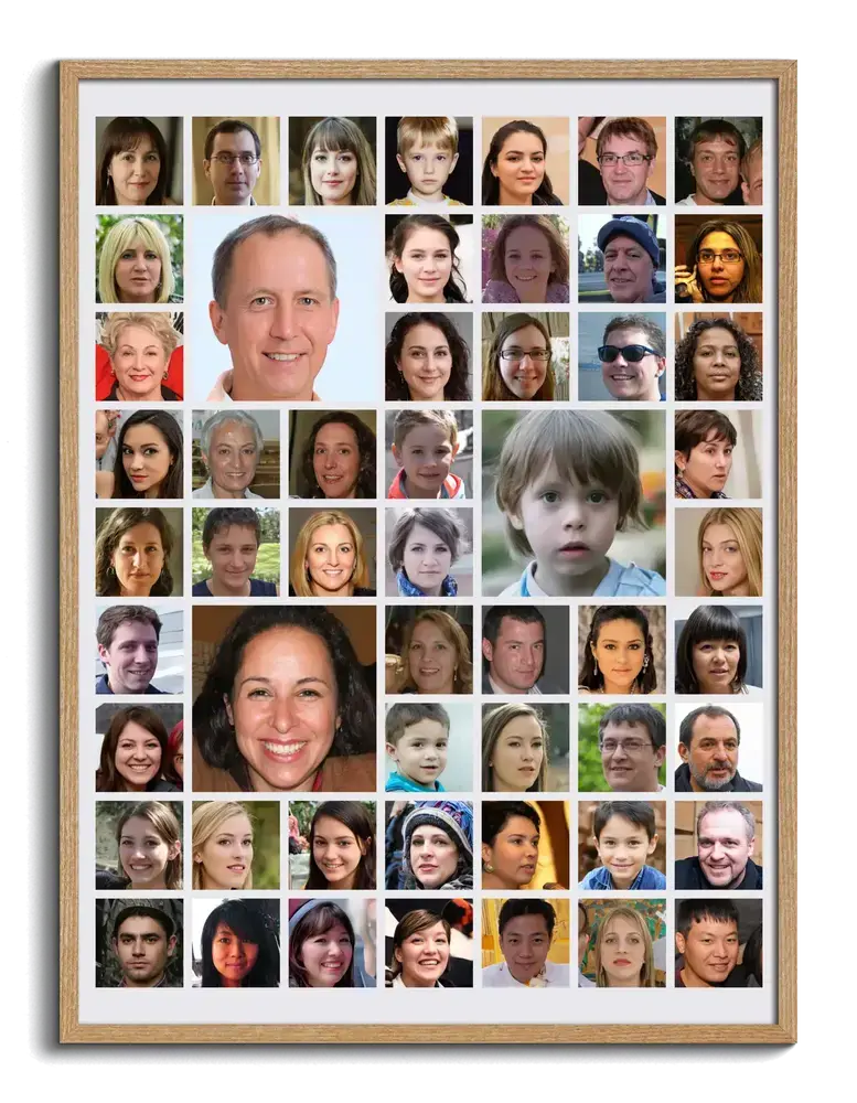 Fotocollage in naturel houten lijst met vierkante en uitvergrote portretten, een persoonlijk cadeau voor collega's