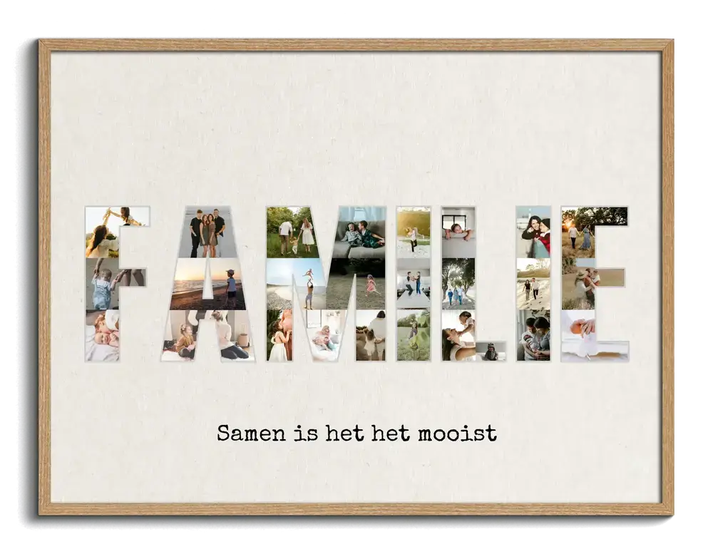 Fotocollage met familiefoto’s in letters, in een houten lijst als persoonlijk cadeau voor het gezin