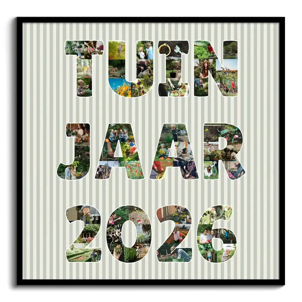 Fotocollage van een tuinjaar met foto's in letters en jaartal, op een gestreepte achtergrond in een zwarte lijst