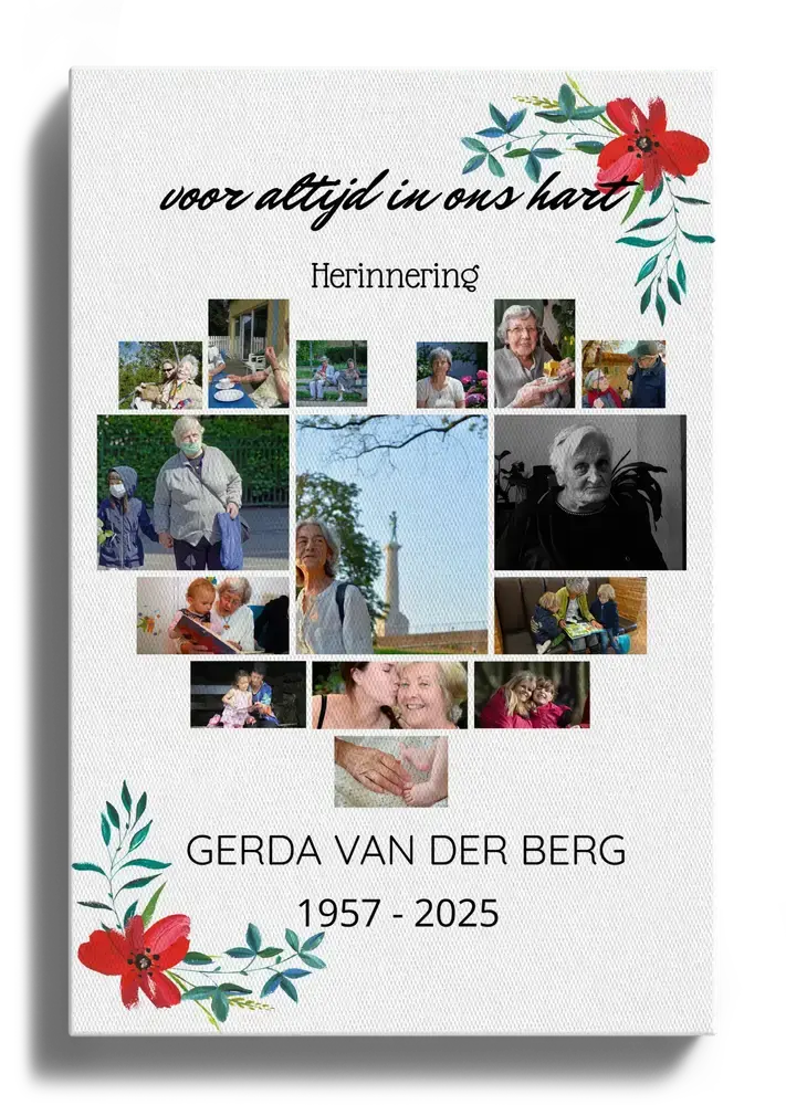 Fotocollage ter nagedachtenis op canvas, met foto's in hartvorm, rode bloemen, naam en levensjaren