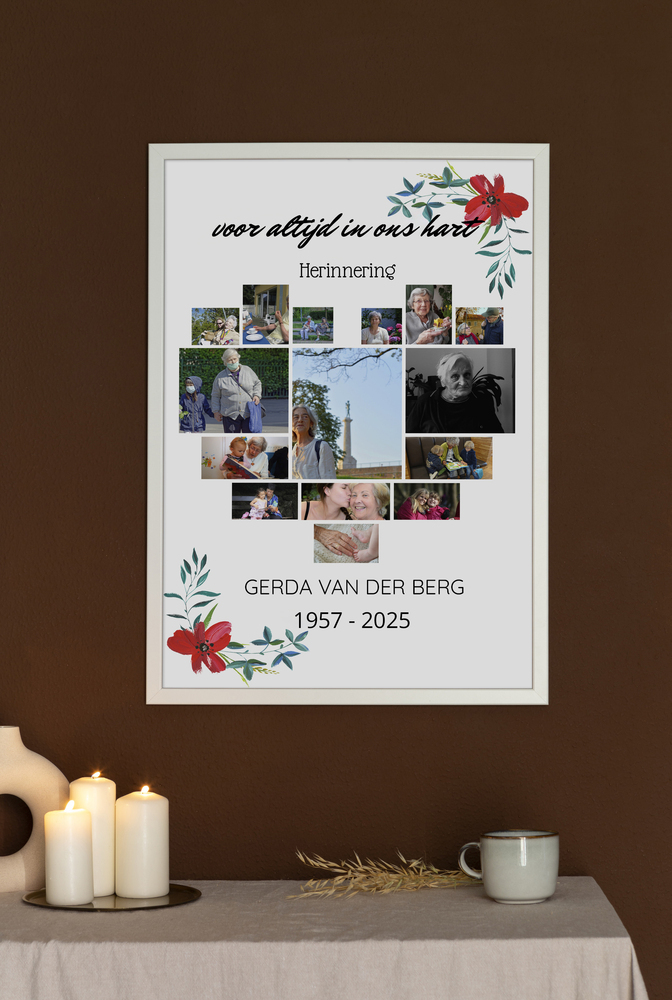 Herinneringscollage met foto's in hartvorm en rode bloemen, in lichte lijst boven een tafel met brandende kaarsen