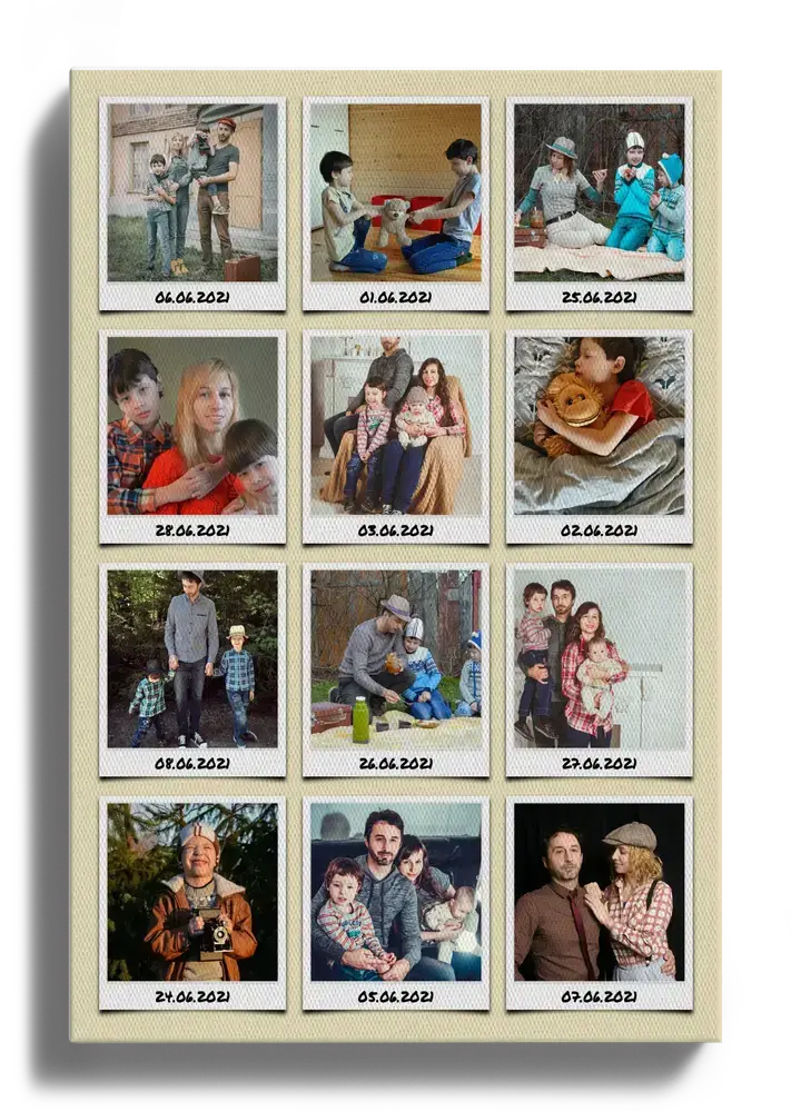 Fotocollage op canvas met 12 vakantiefoto’s in instantfotostijl en reisdata op een beige achtergrond