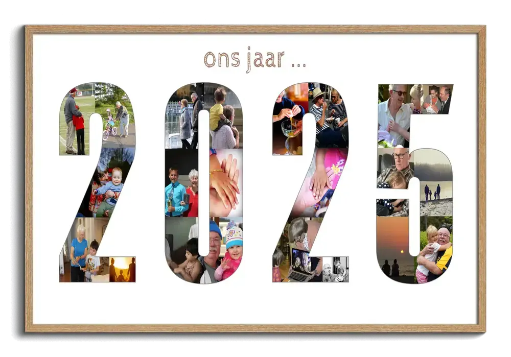 Fotocollage als jaartal met vakantie- en familiefoto’s in een houten lijst, een persoonlijk cadeau voor de familie