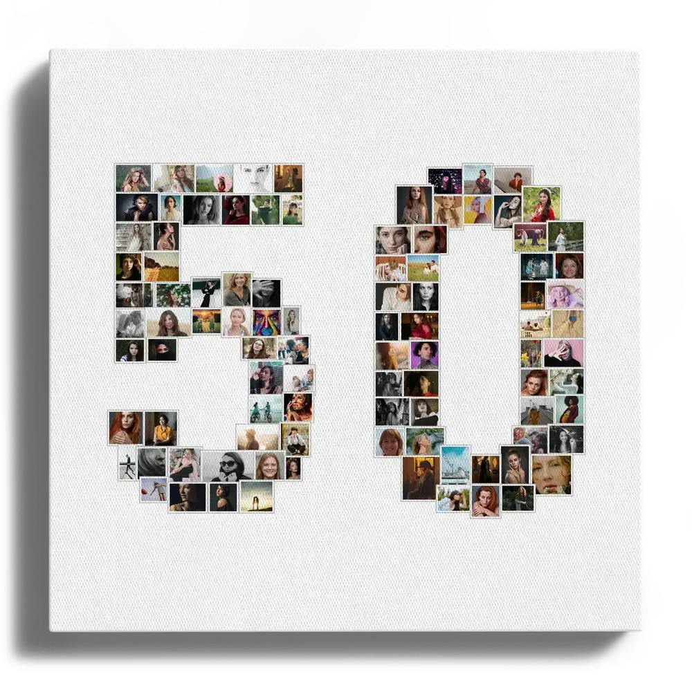 Fotocollage in de vorm van het getal 50 op wit canvas, een persoonlijk cadeau voor een jubileum