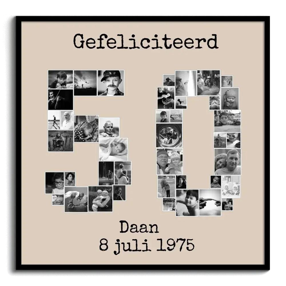 Fotocollage in de vorm van 50 met zwart-witfoto’s in zwarte lijst, persoonlijk cadeau voor een 50e verjaardag