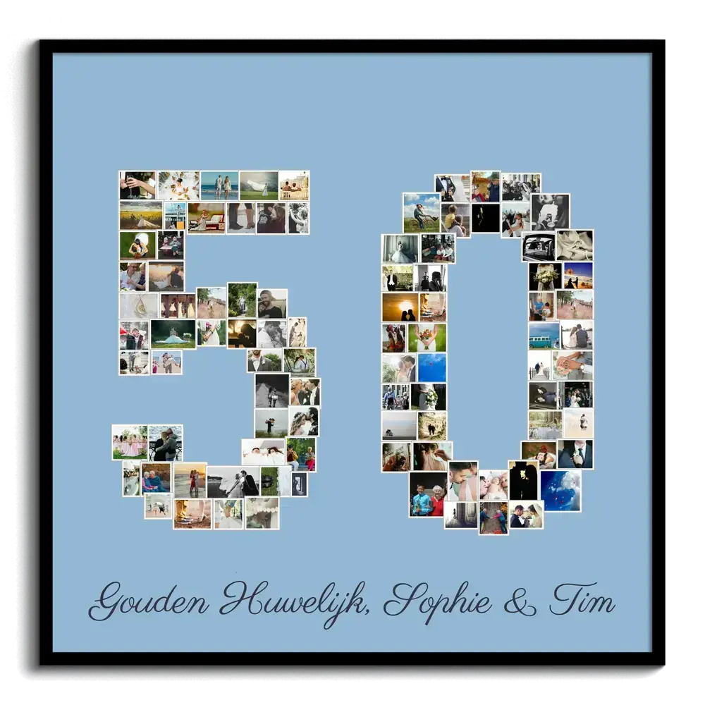 Fotocollage als getal 50 op blauwe achtergrond in zwarte lijst, een persoonlijk geschenk voor een gouden huwelijk