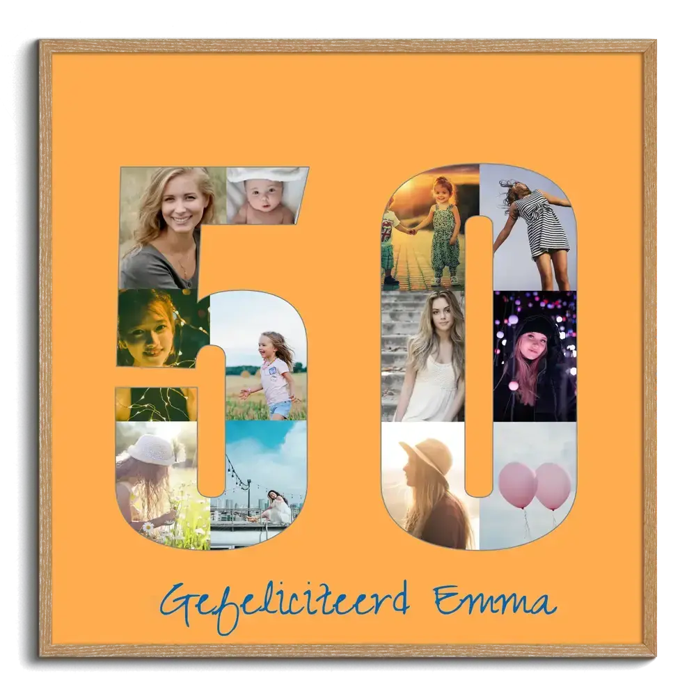 Fotocollage als getal 50 op oranje achtergrond in houten lijst, een kleurrijk verjaardagscadeau