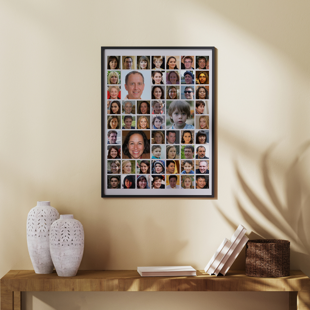 Portretcollage met verschillende fotoformaten in zwarte lijst, boven een houten wandtafel met witte vazen