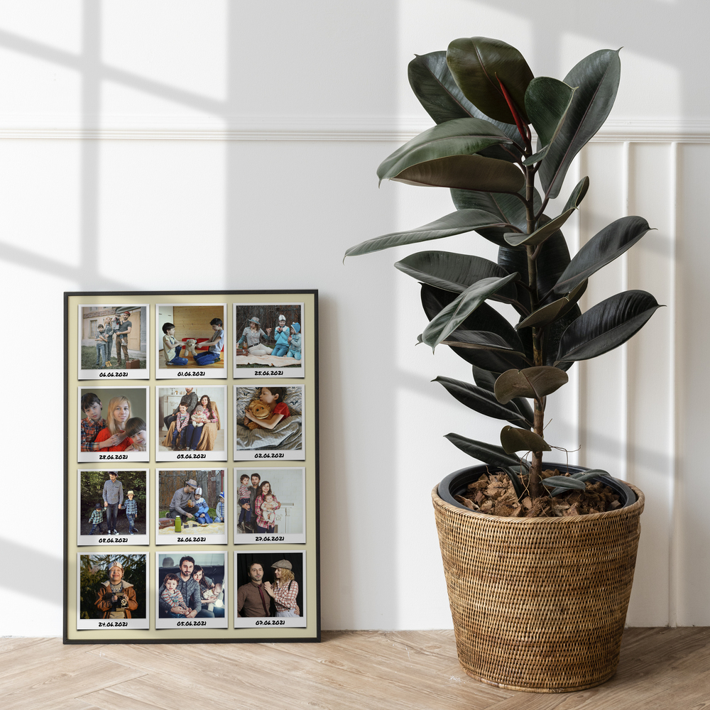 Ingelijste vakantiefotocollage op de vloer naast een grote kamerplant, als persoonlijk cadeau voor een reisgenoot