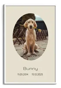 Gedenkposter hond – ontwerp jouw poster met foto, naam, geboorte- en sterfdatum en tekst