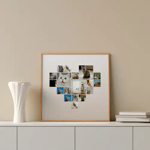 Hartcollage met kattenfoto's en tekstpers.
