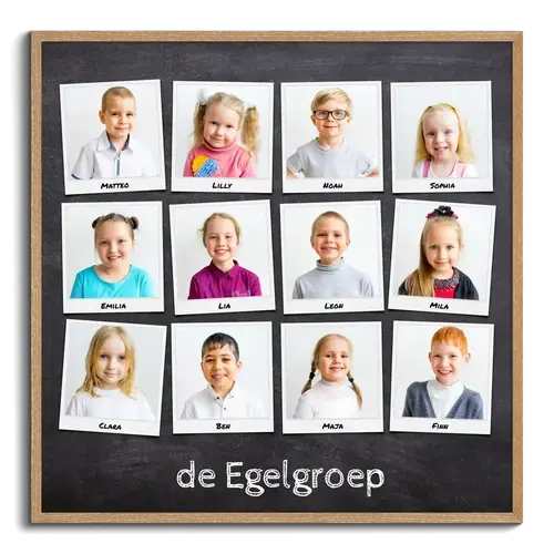 Fotocollage afscheidscadeau kleuterschool groepsfoto polaroid met kindernamen