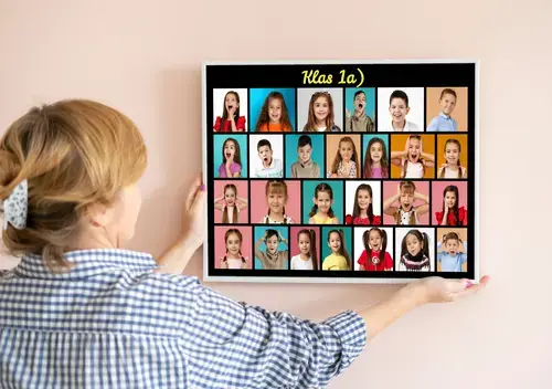 Klassenfoto Collage met Portretten en Neon-Design